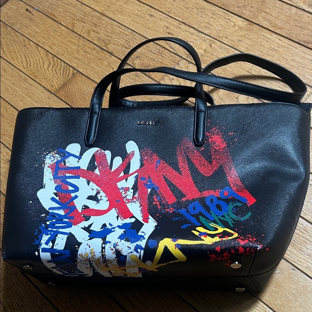 DKNY Black Tote with Vibrant Graffiti Design